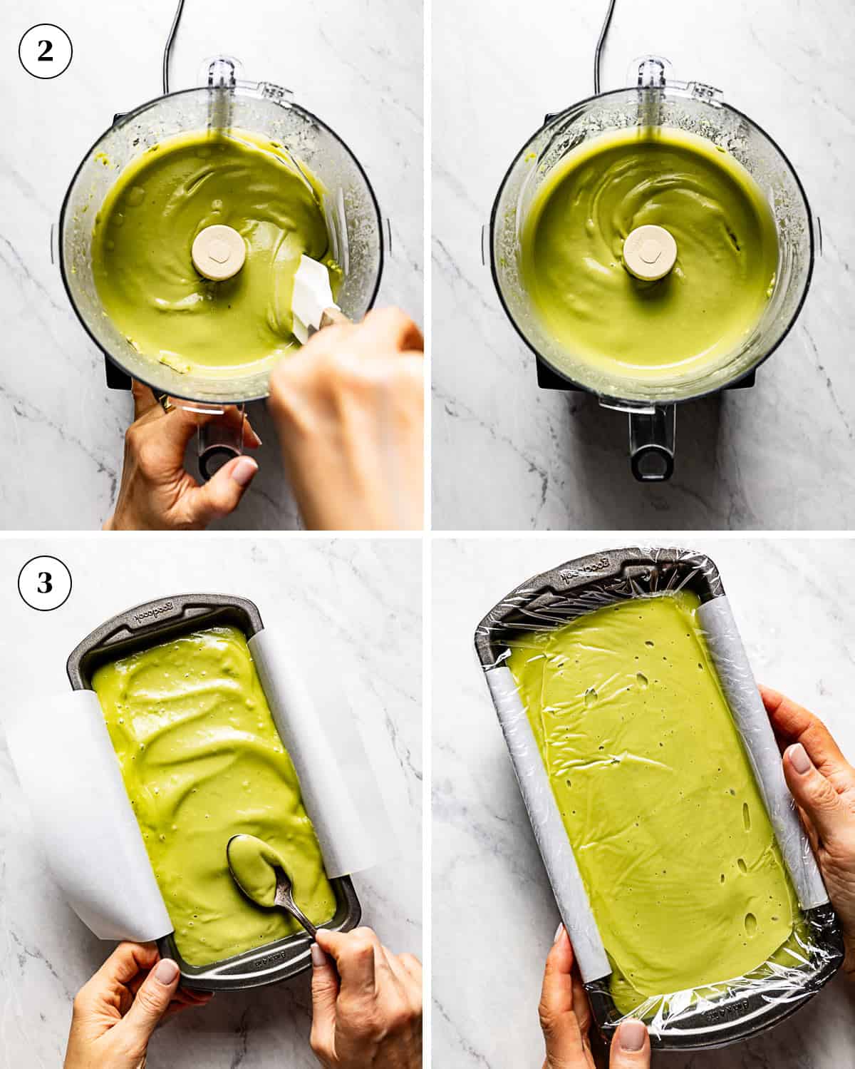 A collage of images showing how to make vegan avocado ice cream.
