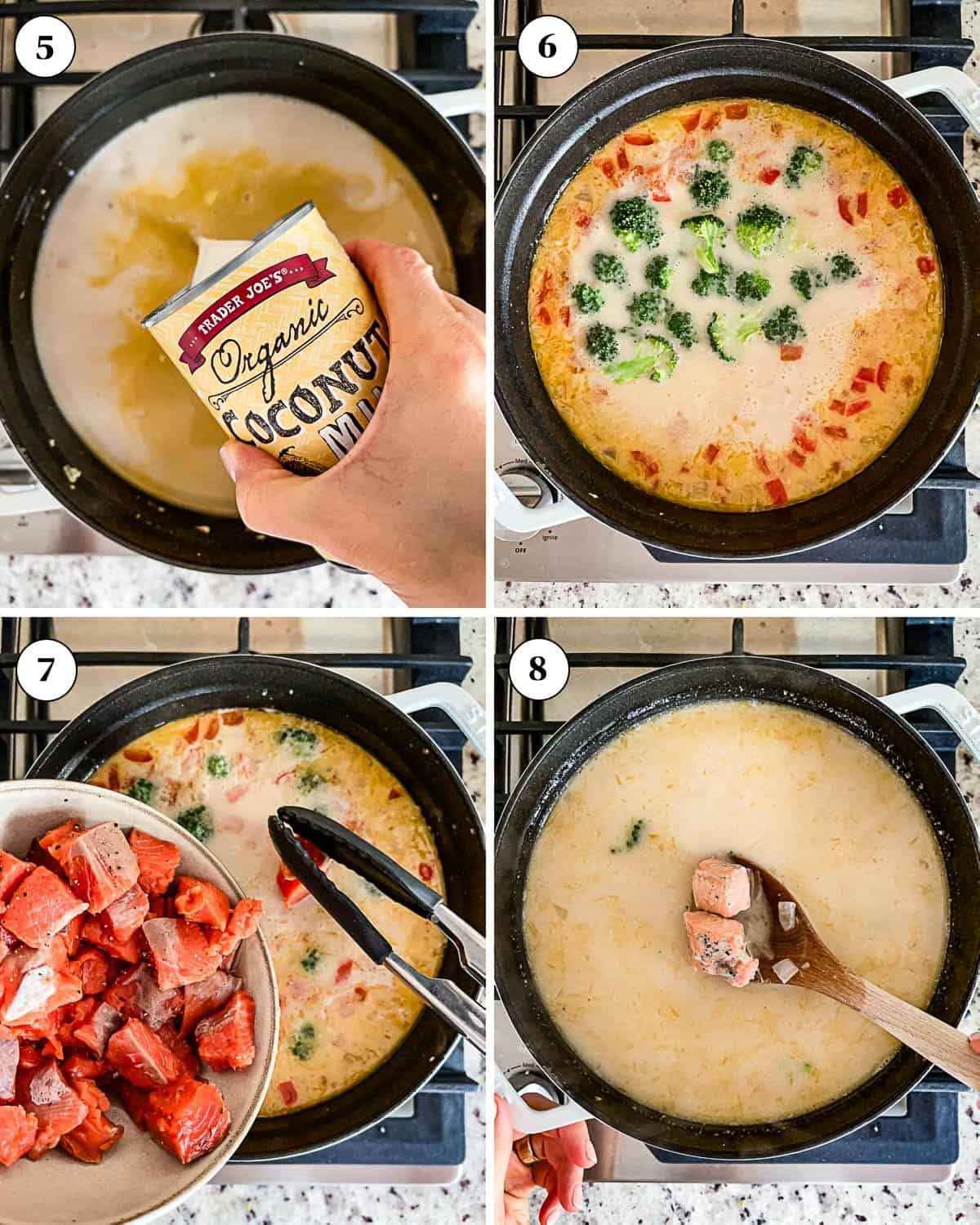 A collage of images showing how to poach salmon in coconut broth.