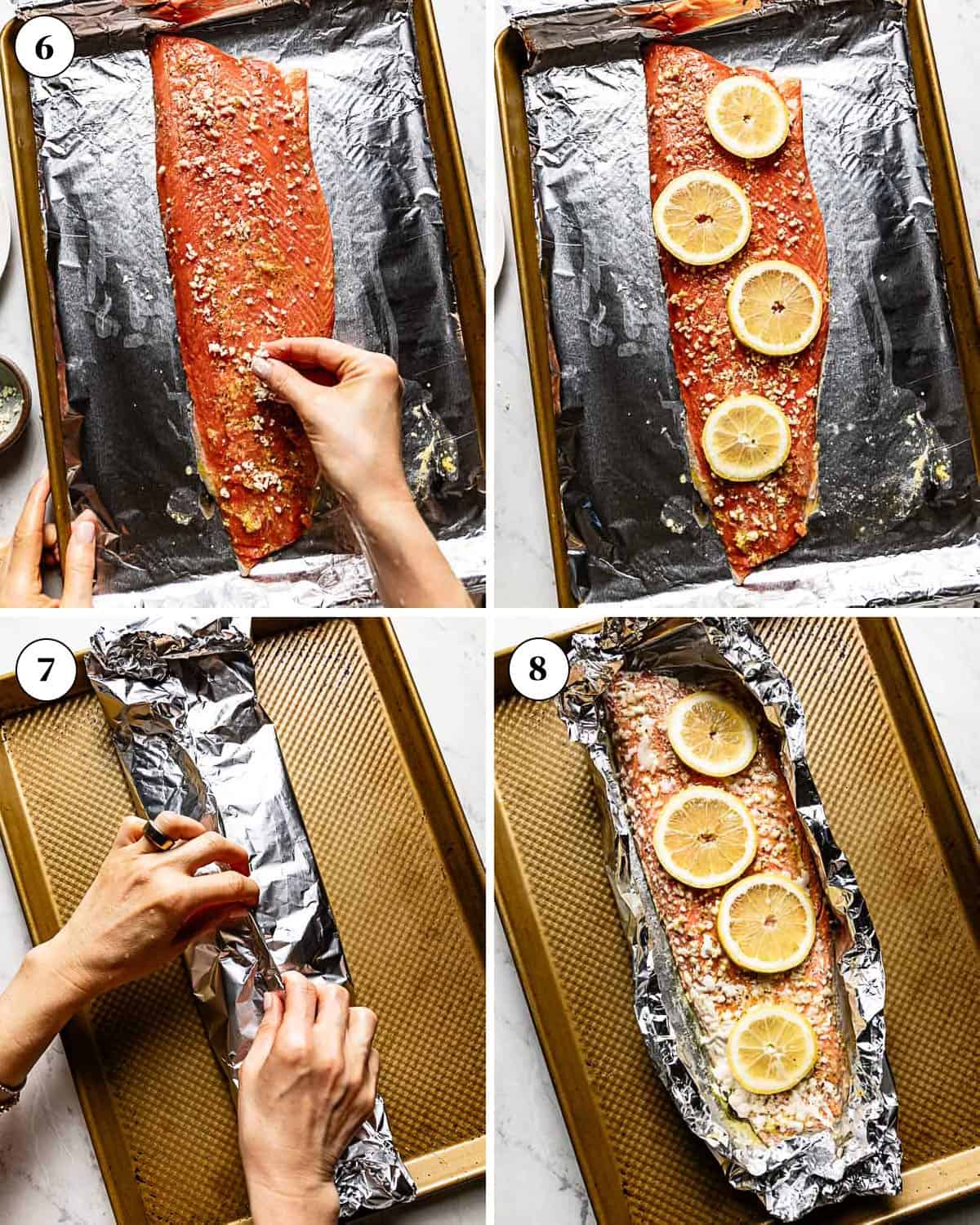 Person preparing Wild caught Alaskan salmon for cooking it in aluminum foil.