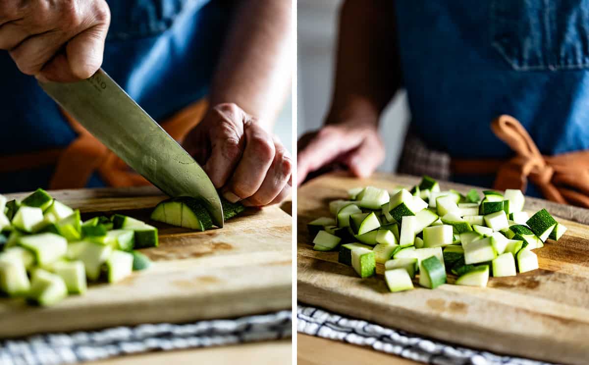 Two photos showing how to chop zucchini.