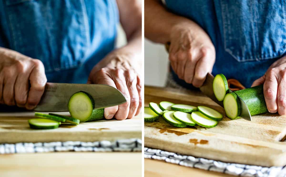 Images showing how to cut round zucchini.