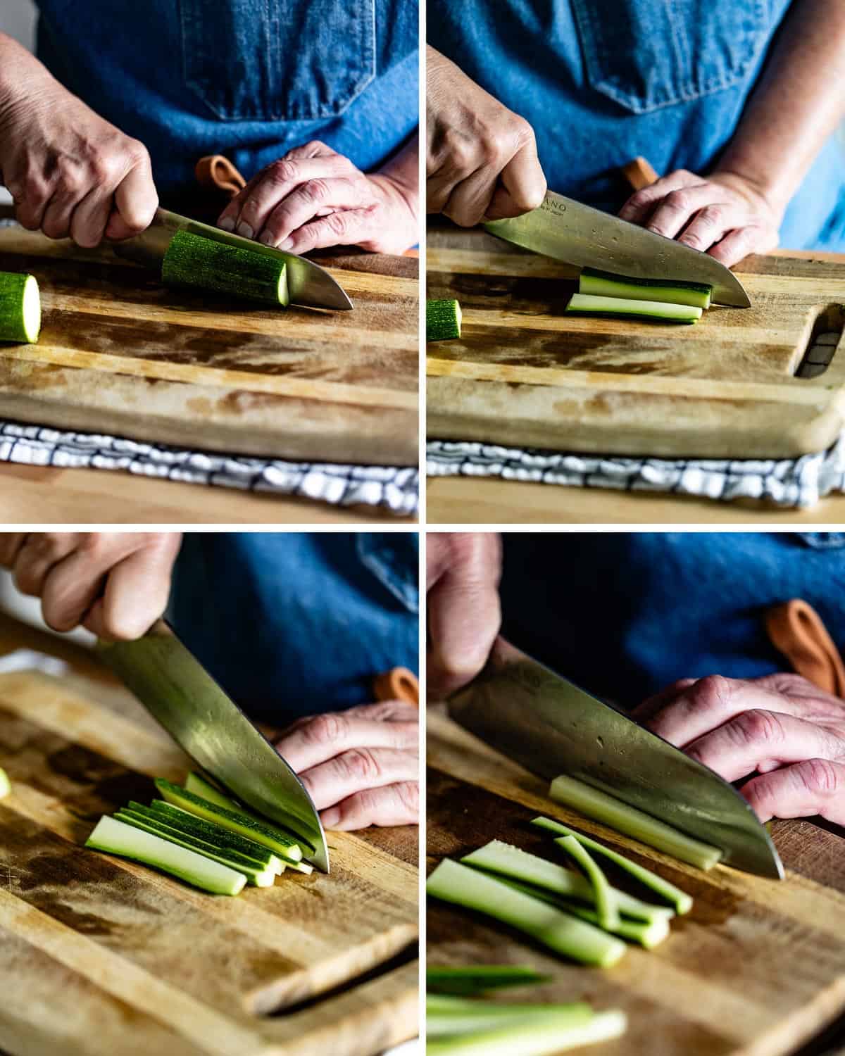 Person showing how to cut zucchini in to matchsticks idea for stir fries.