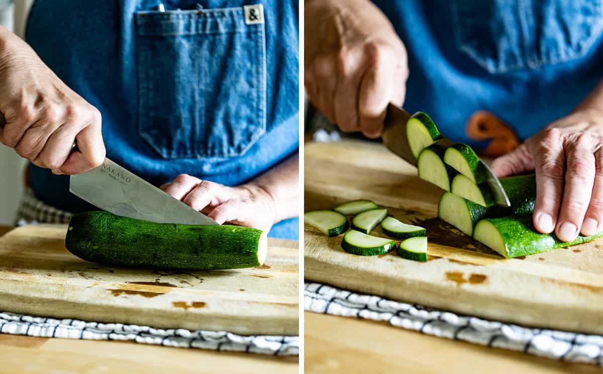 A collage of images showing how to cut zucchini half-moons.