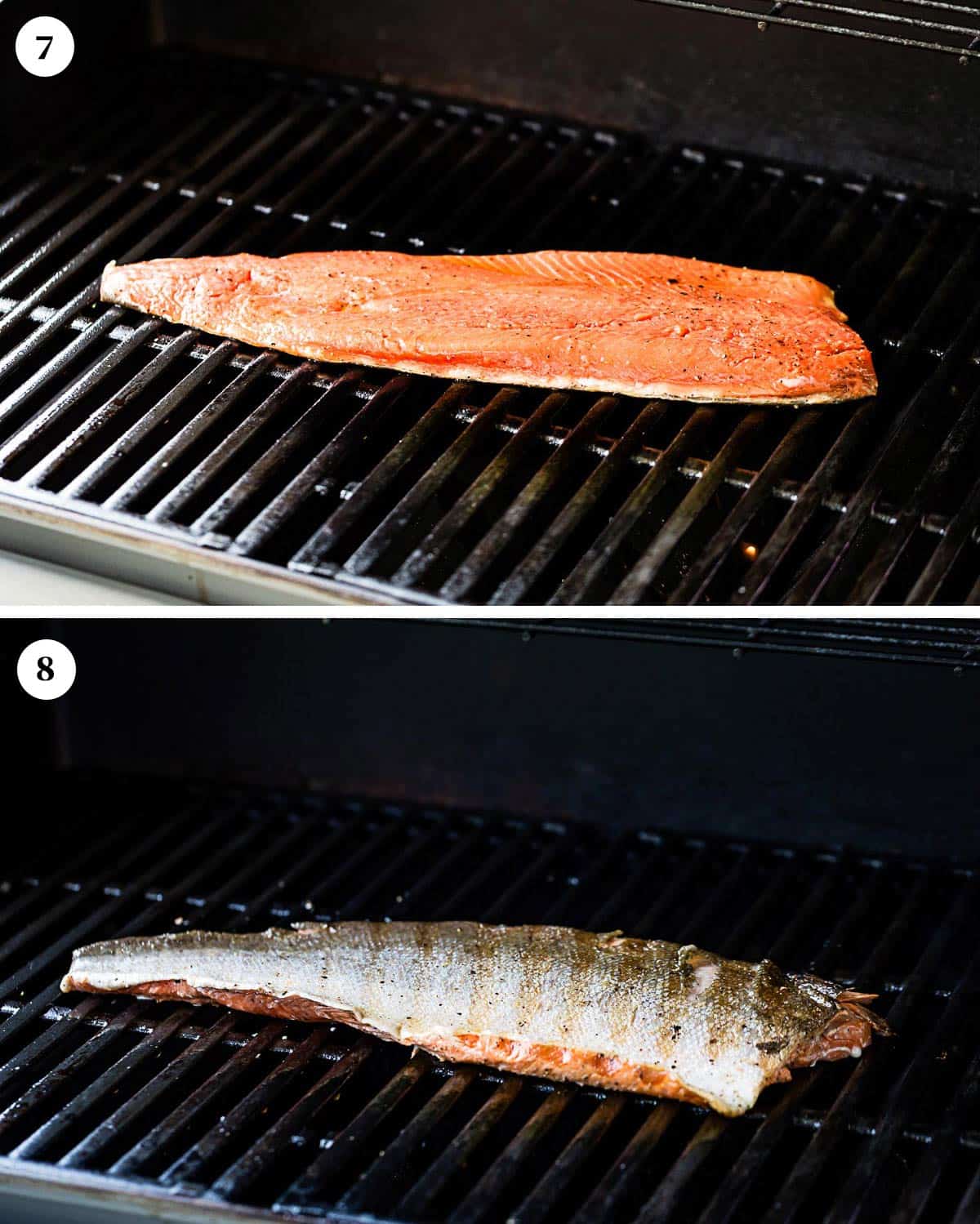 Wild caught Alaskan Salmon on the grill showing grill marks.