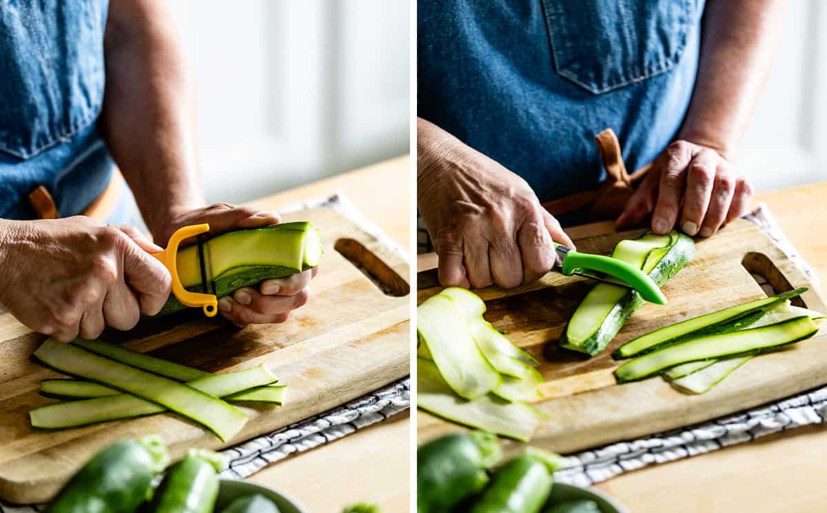 Person showing how to slice zucchini thinly.