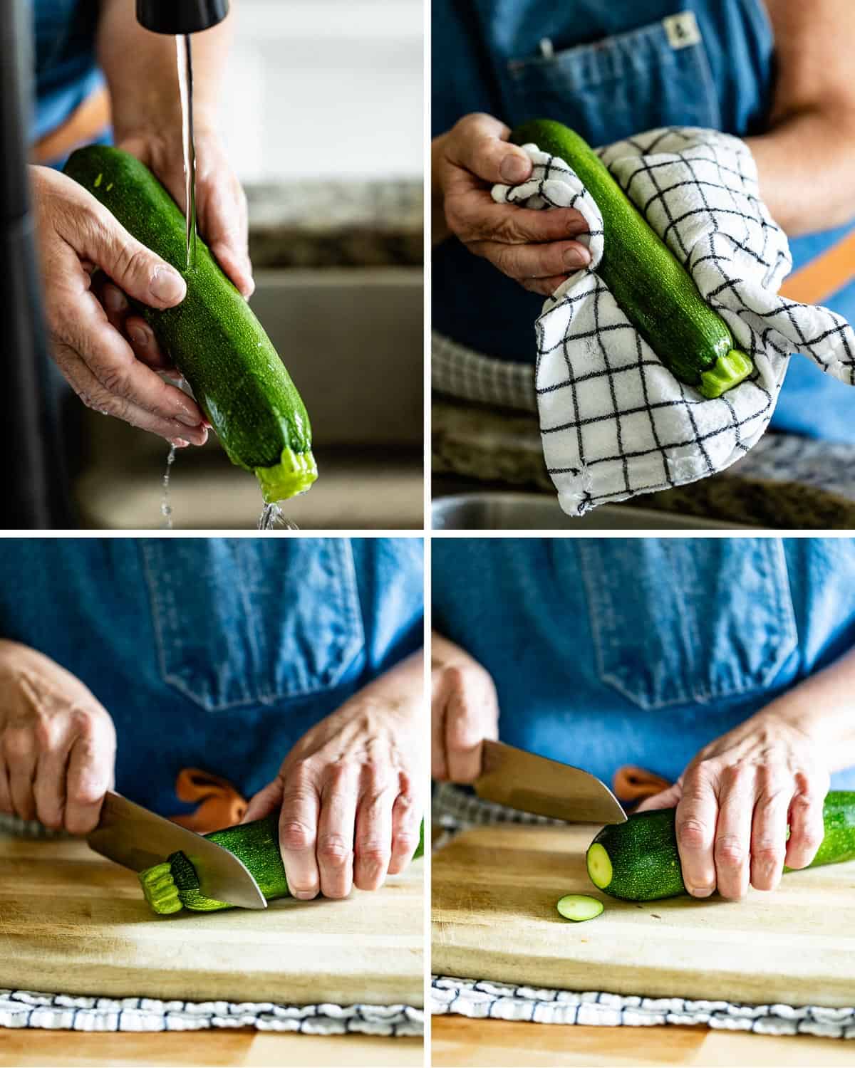 A person showing how to trim zucchini in a collage of images.