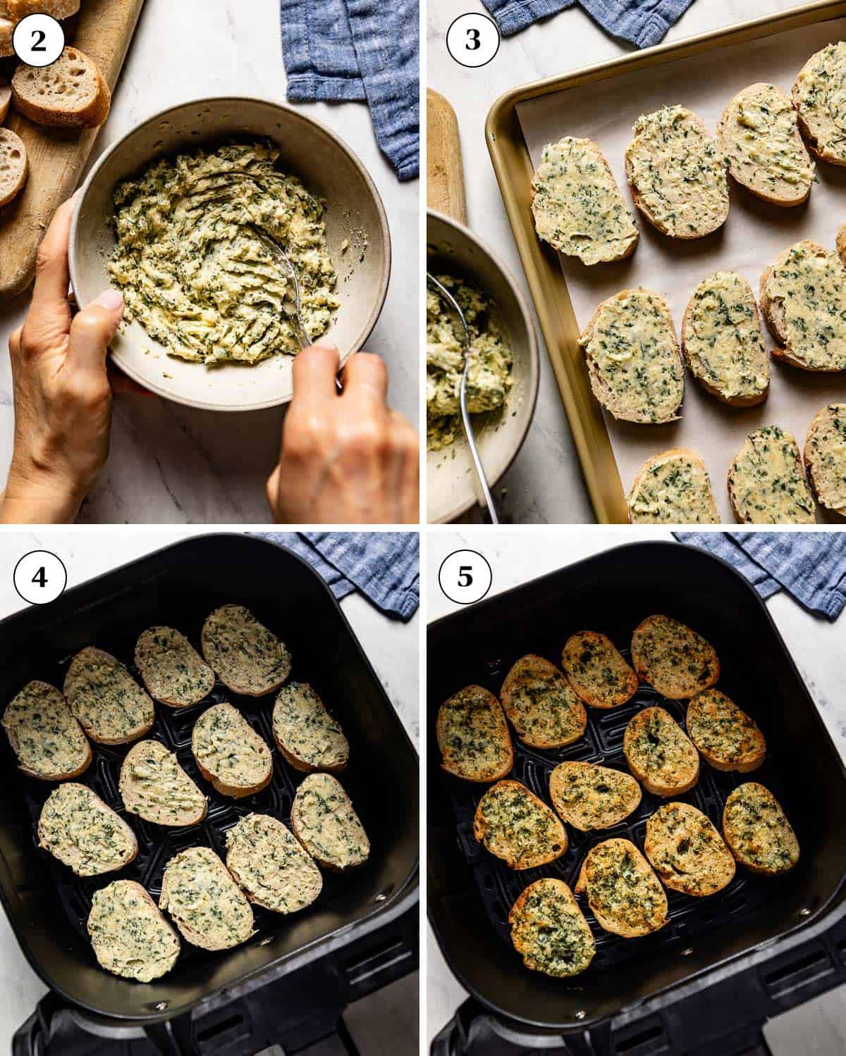 A collage of images showing how to make garlic bread in the air fryer.