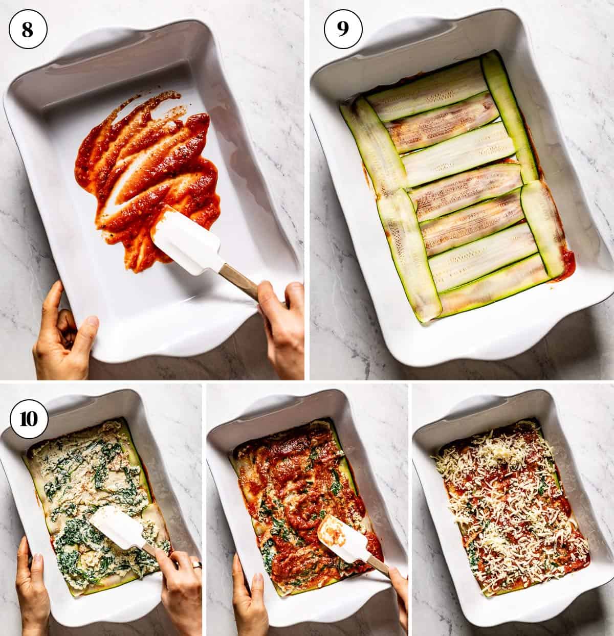 A collage of steps showing how to layer zucchini noodle lasagna.