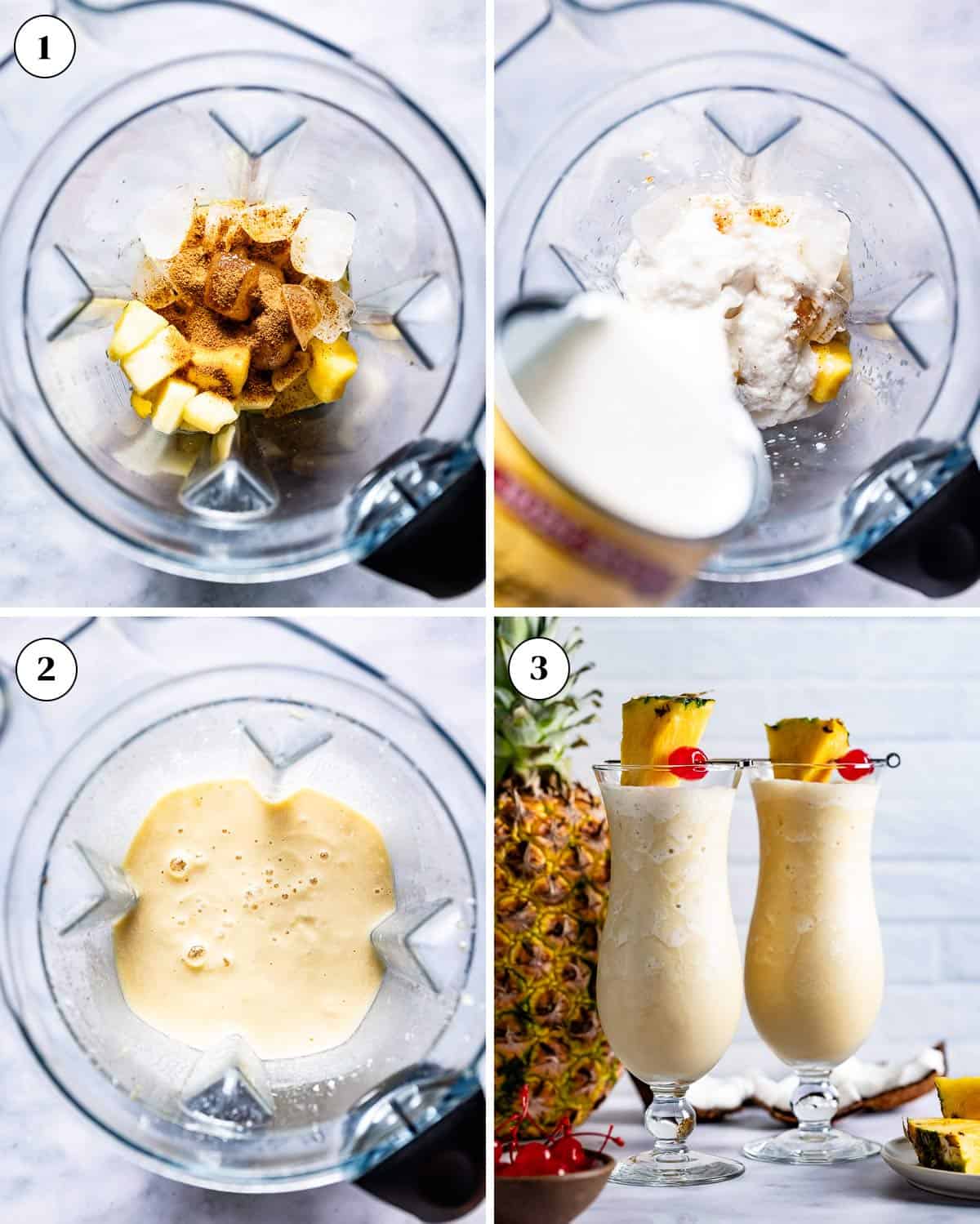 A collage of images showing how to make virgin pina colada.