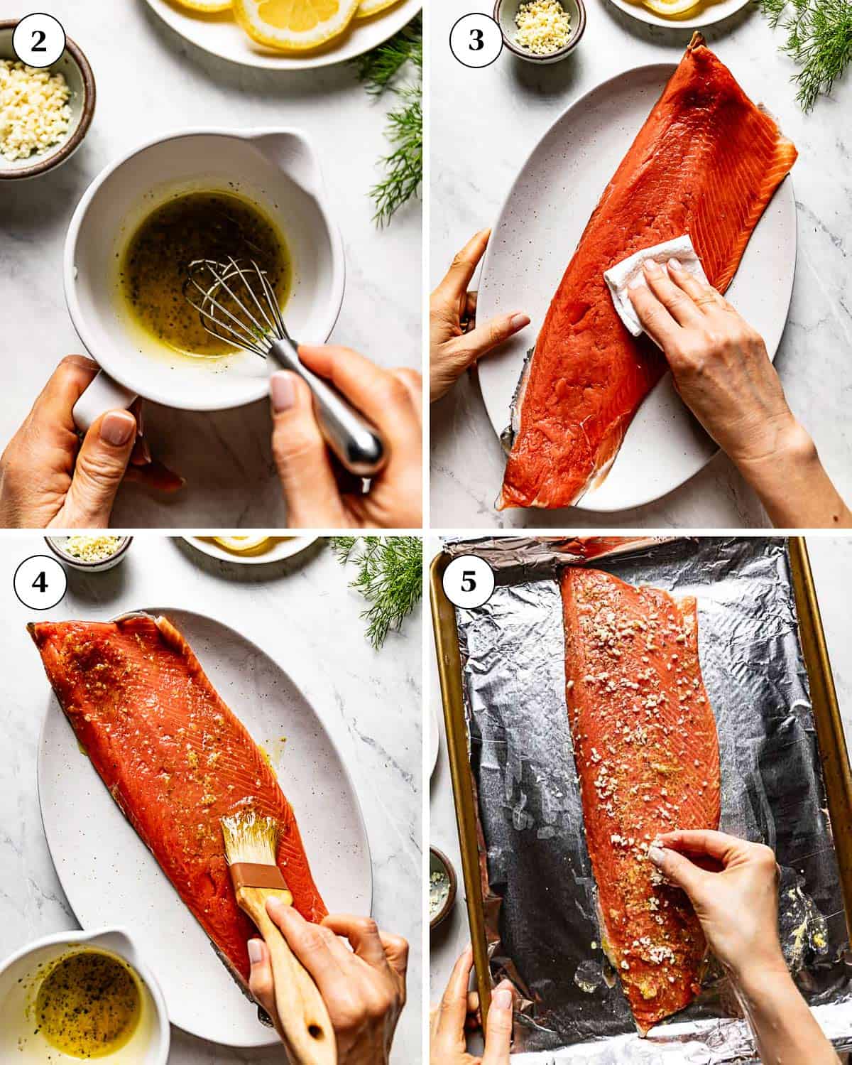 Step by step images showing how to bake Copper River salmon in the oven.
