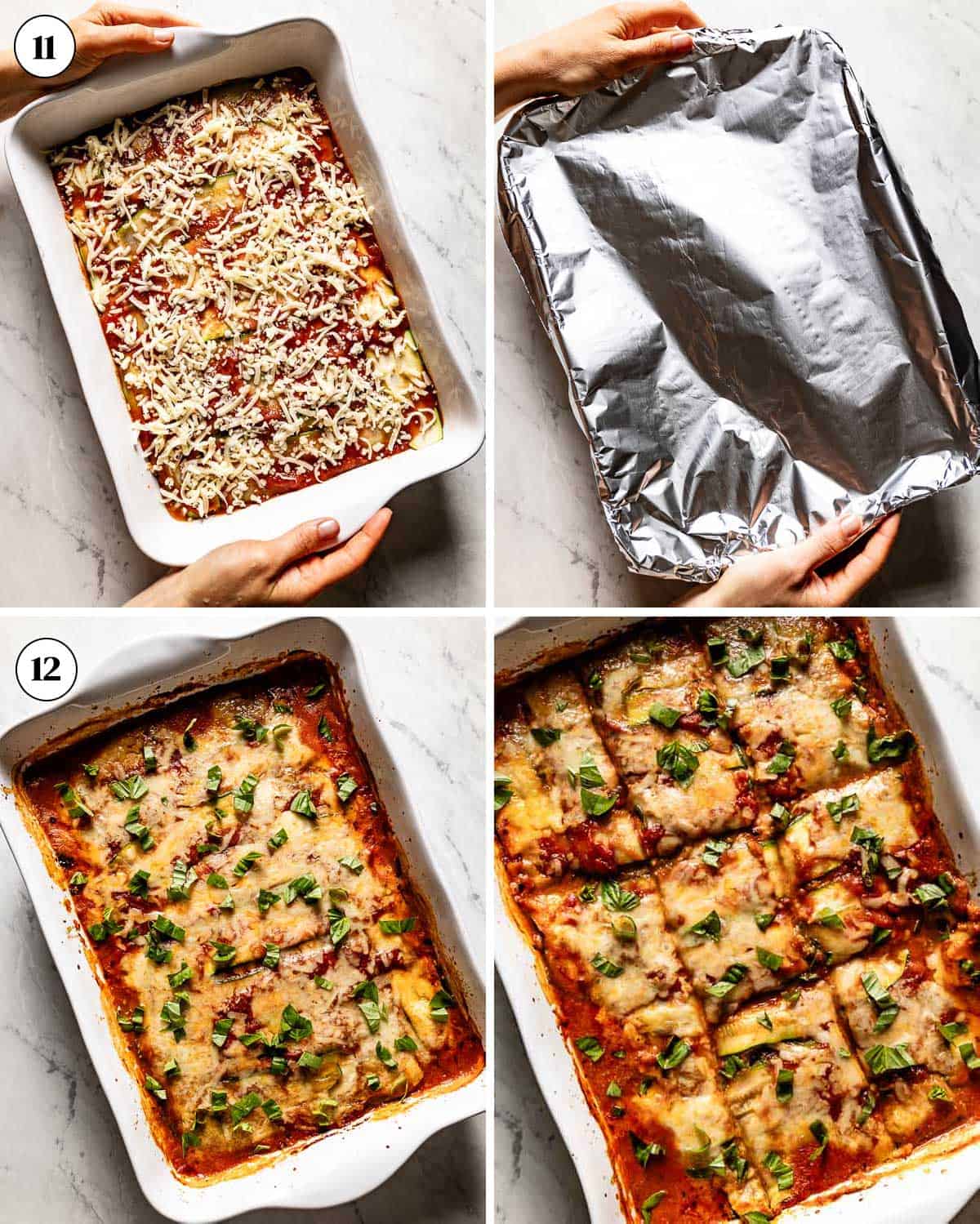 A collage of images showing how to bake zucchini lasagna vegetarian recipe.