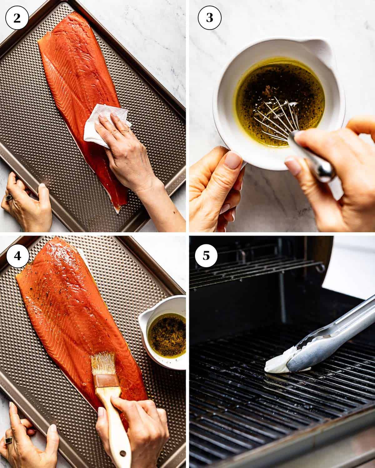 Person preparing sockeye salmon for grilling in a collage of photos.