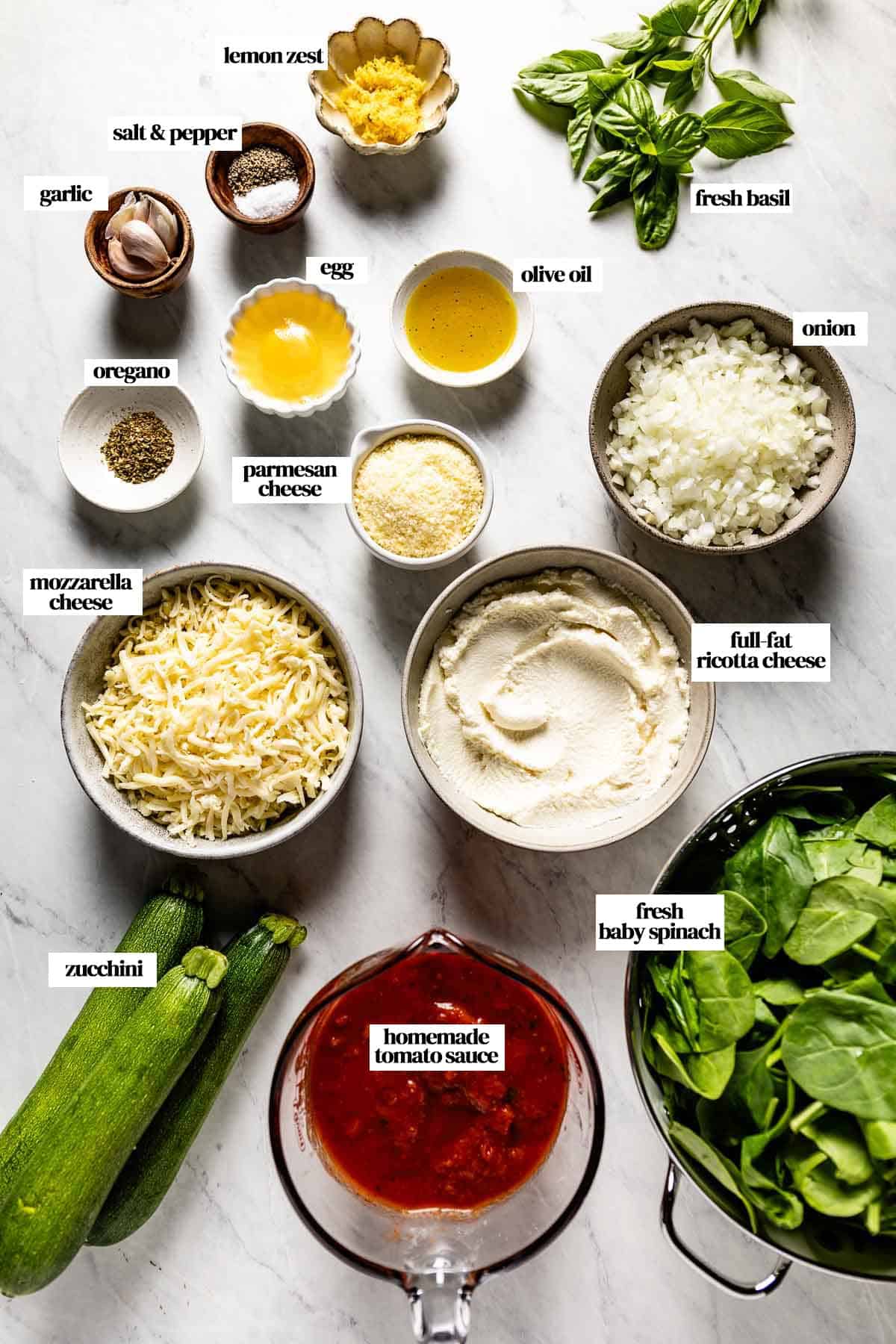 Zucchini veggie lasagna ingredients in small portions with text on every ingredient.