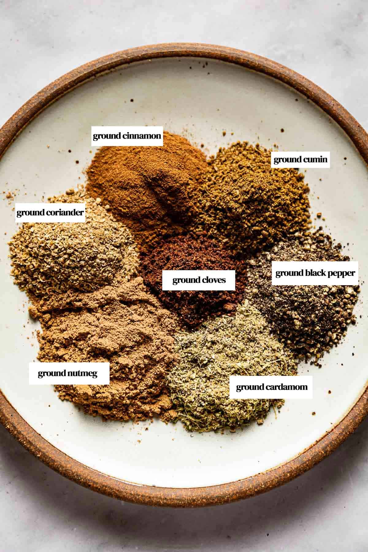 Ground spices for baharat spice mix on a plate with text on each spice.