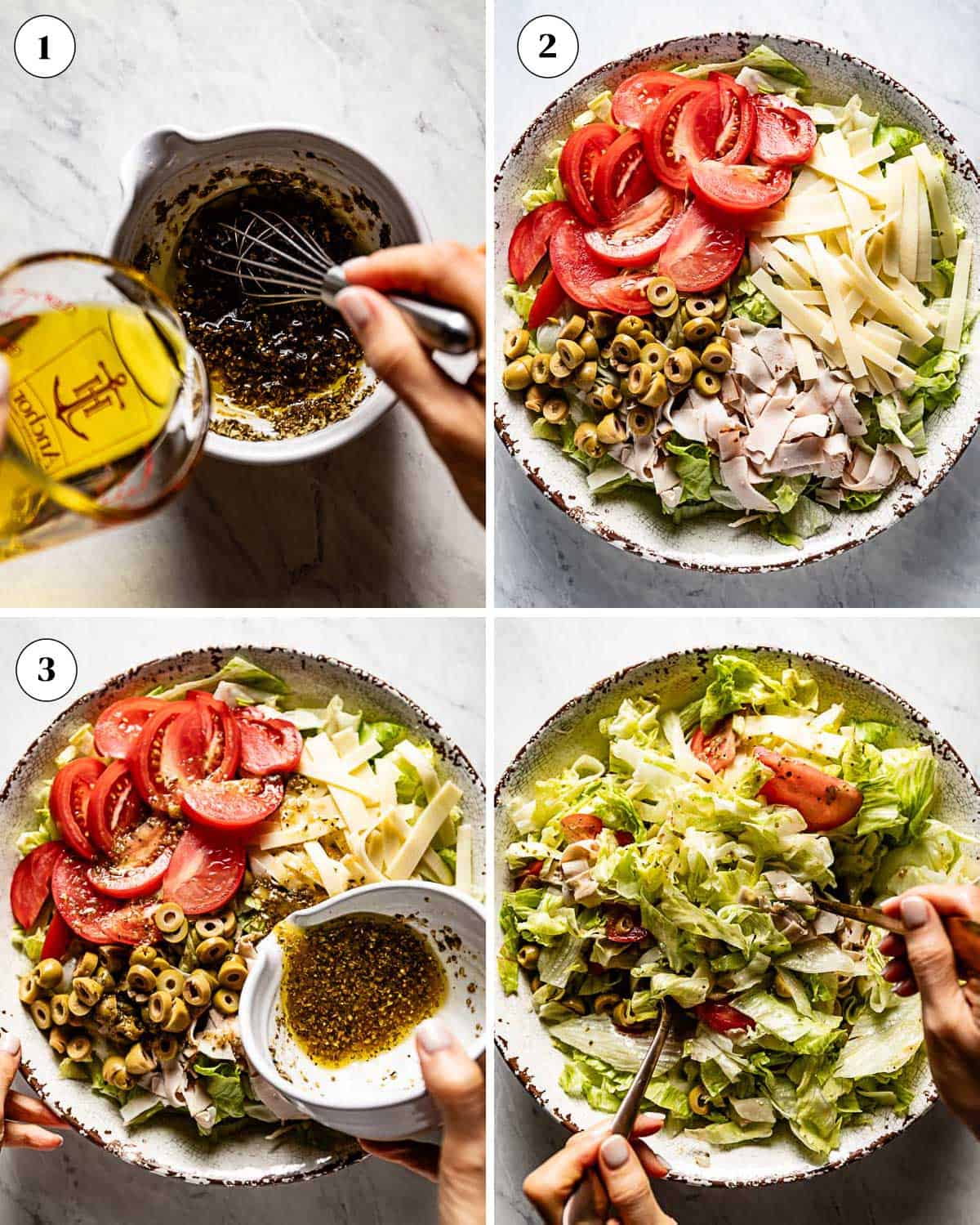 A collage of images showing how to make Columbia restaurant salad recipe.