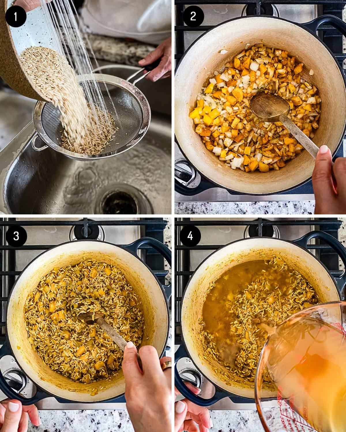 A collage of images showing how to make curry rice.