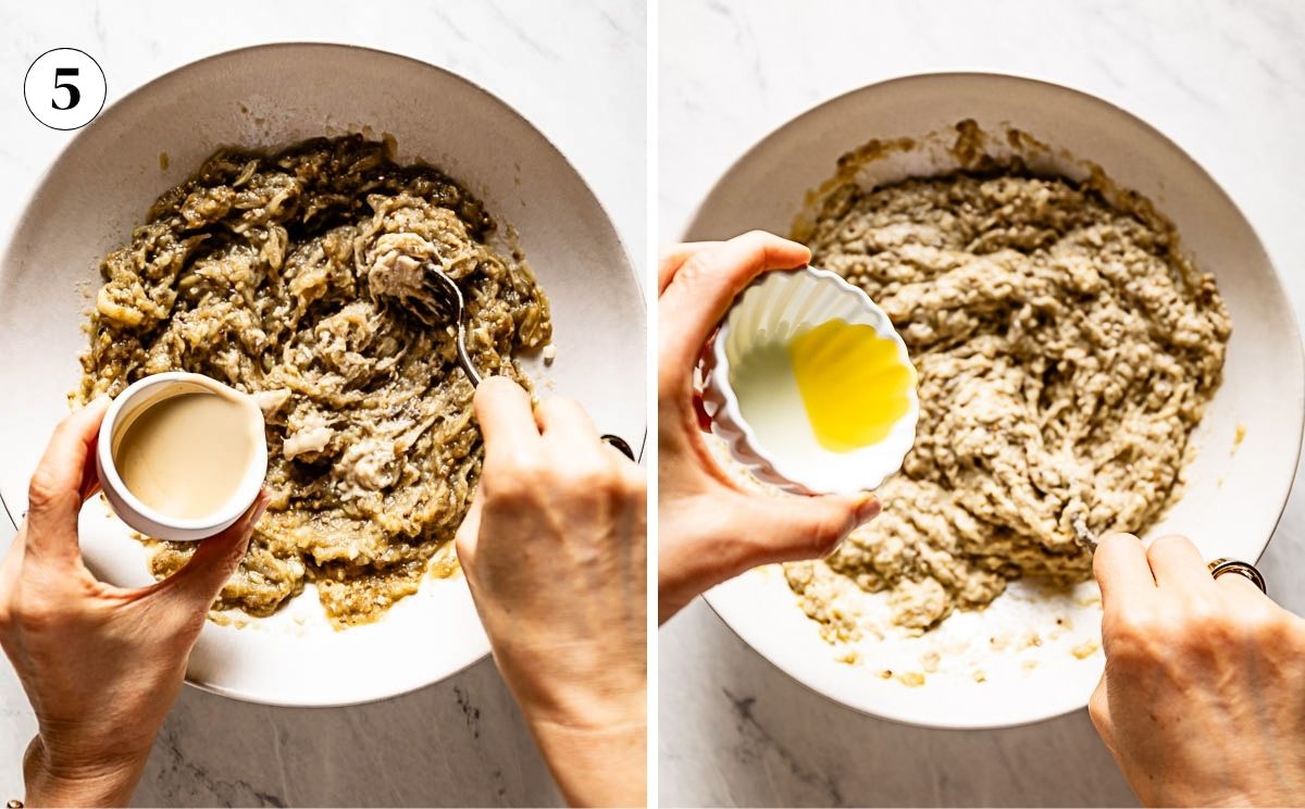 Stirring tahini into the mashed eggplant, then drizzling in olive oil.