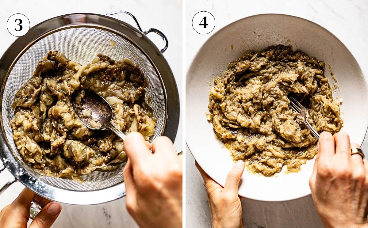 Pressing roasted eggplant in a strainer to drain the liquid, then mashing the drained flesh in a bowl with a fork.