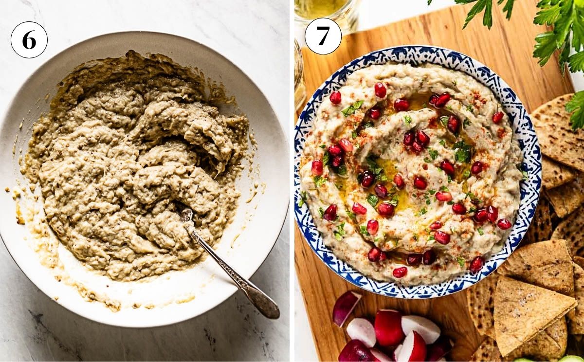 Finished baba ganoush in a bowl, then served with pomegranate seeds, parsley, and pita chips.
