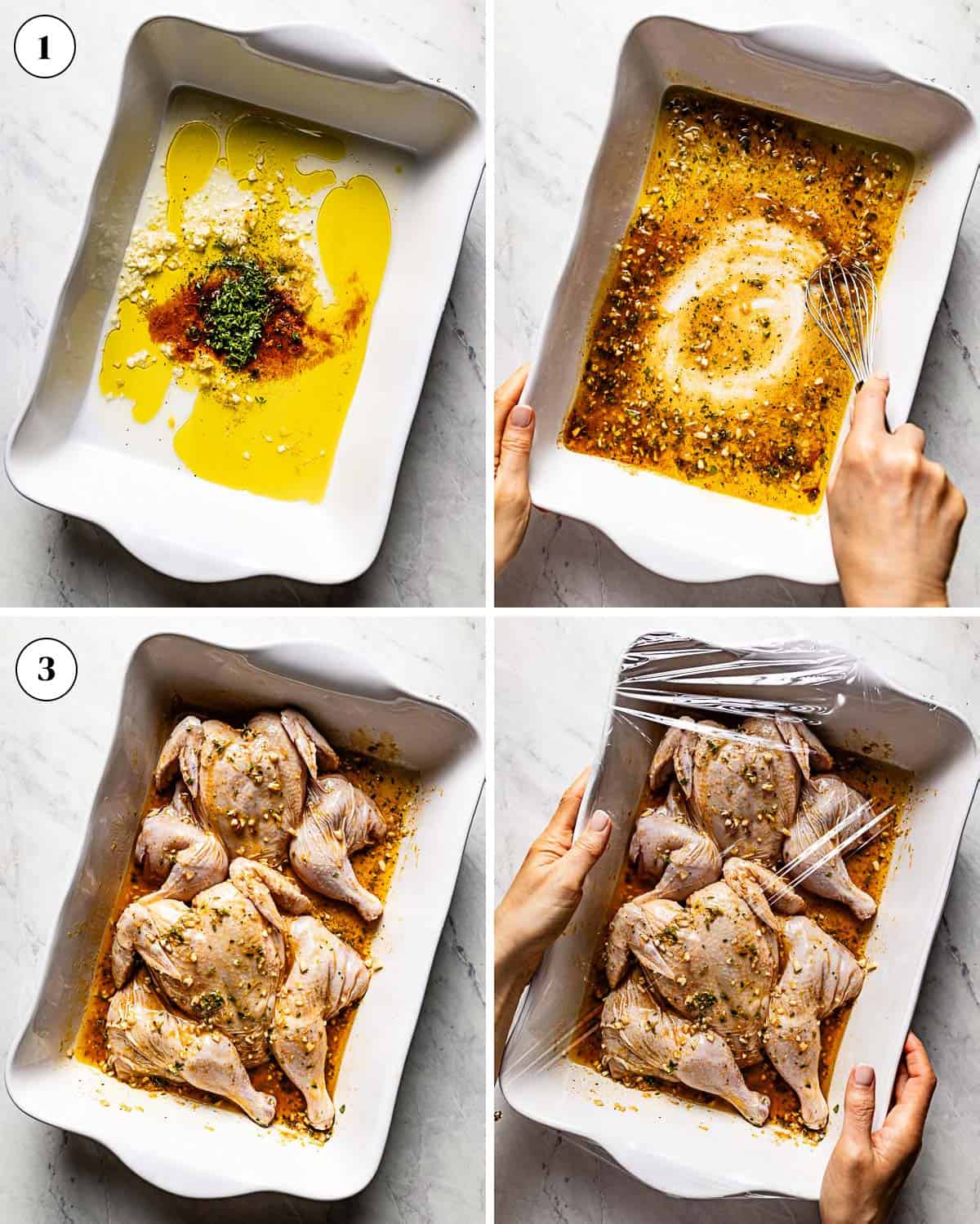 A collage of images showing how to make grilled cornish hen marinade.