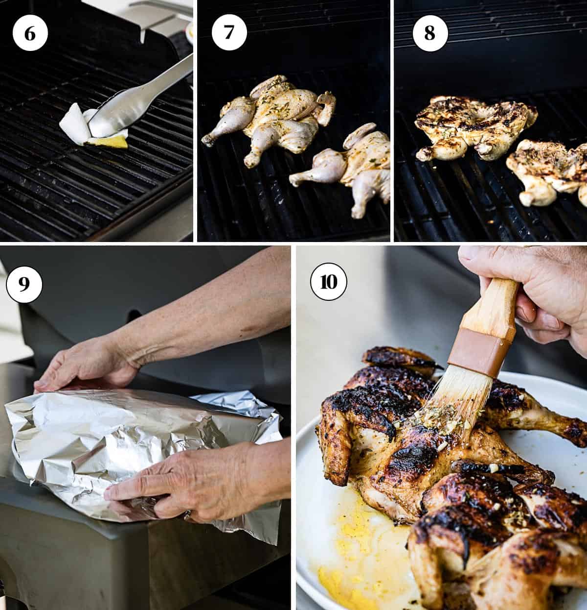 Person showing how to cook Cornish hens on a grill in a collage of images.