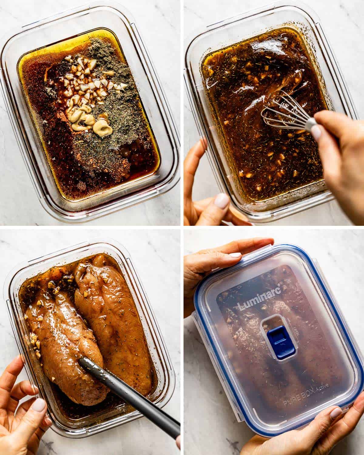 A collage of images showing how to marinade turkey tenderloins for grilling.