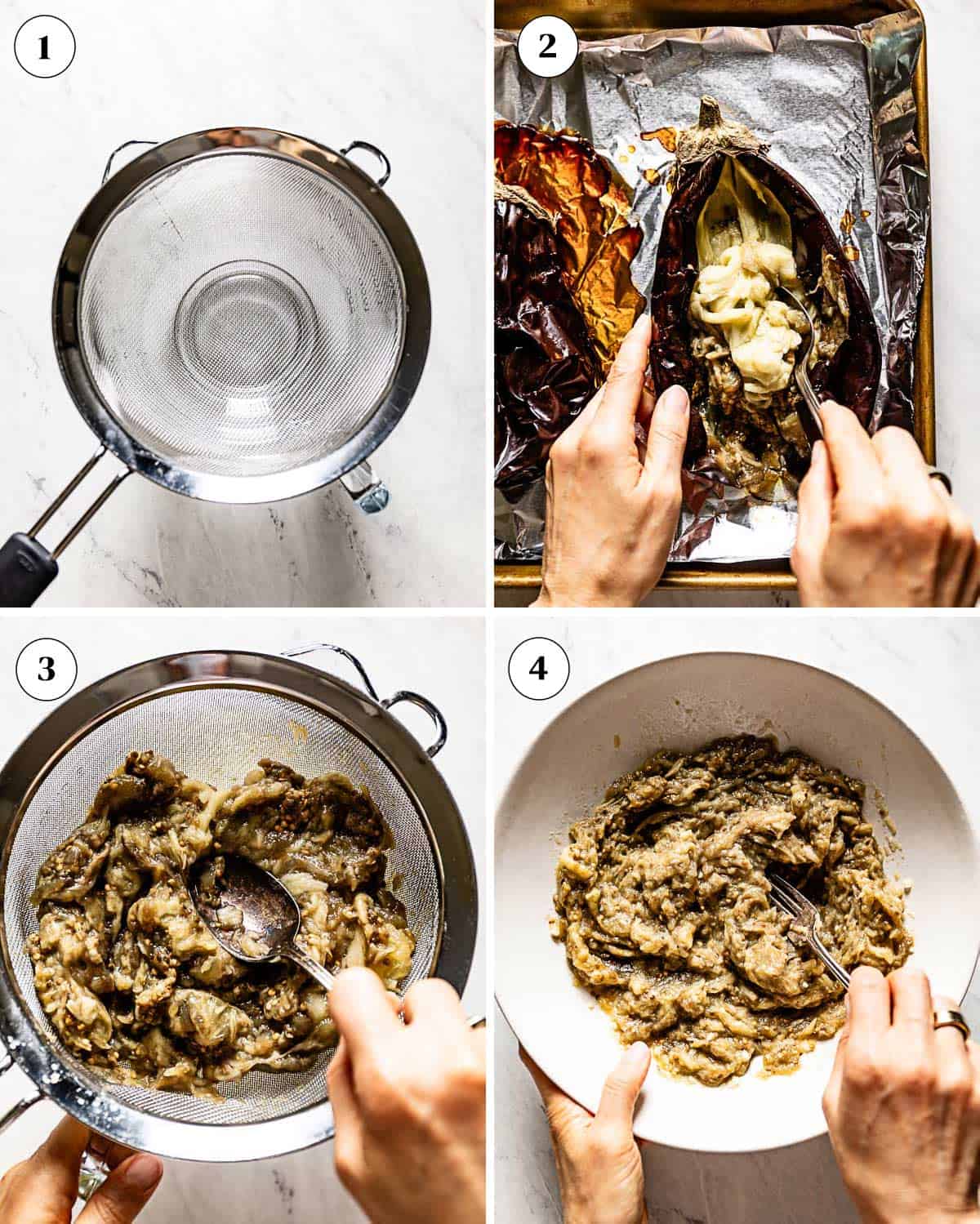 A collage of images showing how to make baba ghanoush.