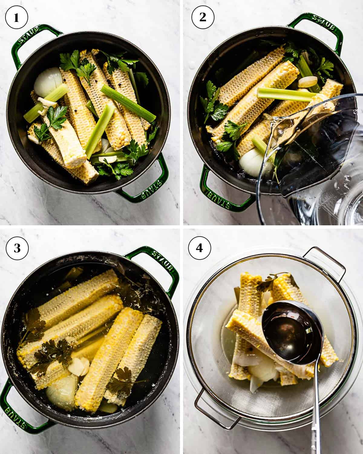 A collage of images showing how to make corn cob stock.