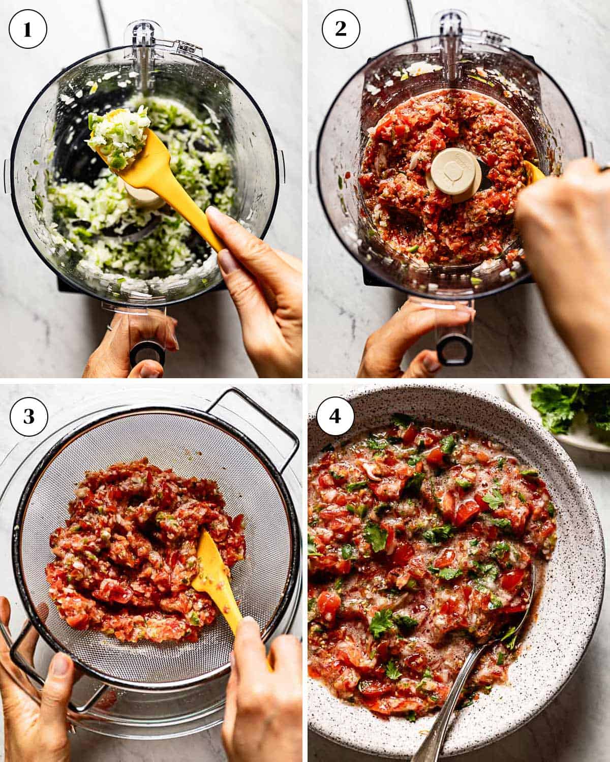 Person showing how to make grape tomato salsa in a food processor.