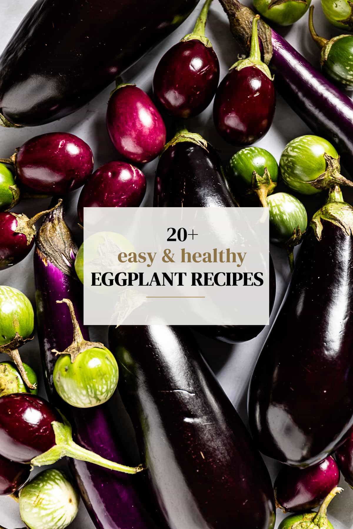 A photo of variety of eggplants with text on the image.