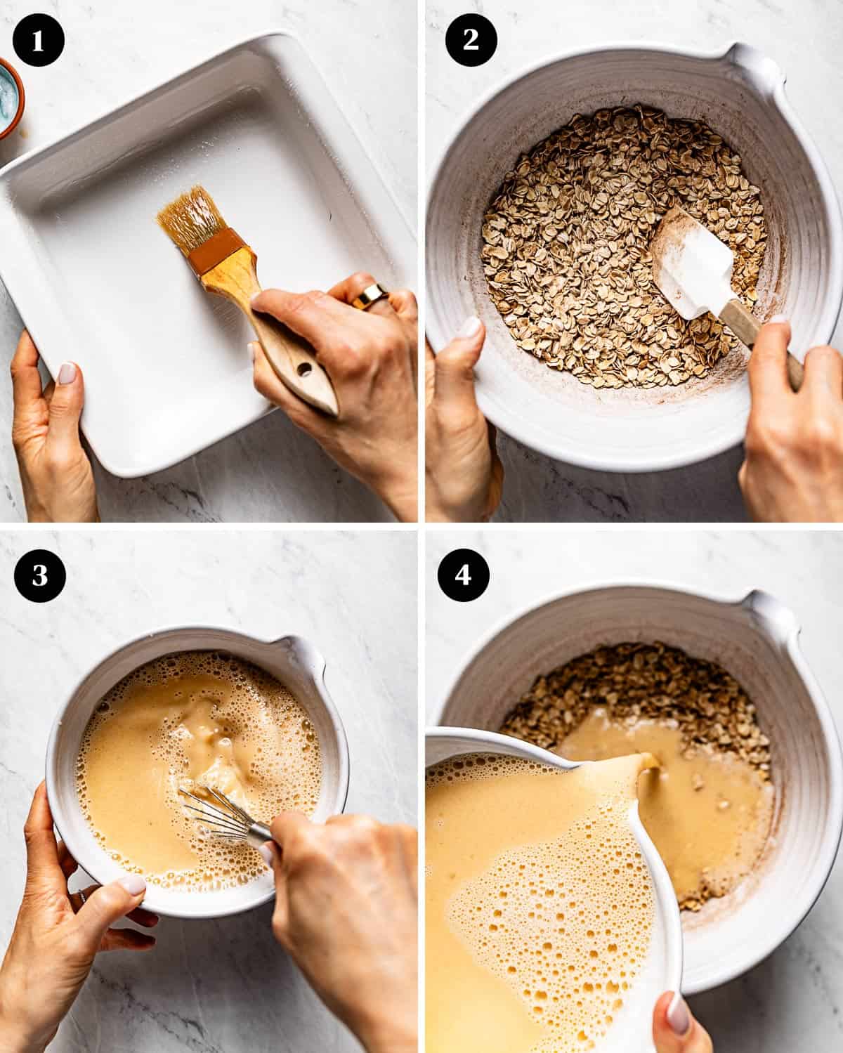 A collage of images showing how to make baked apple cinnamon oatmeal.