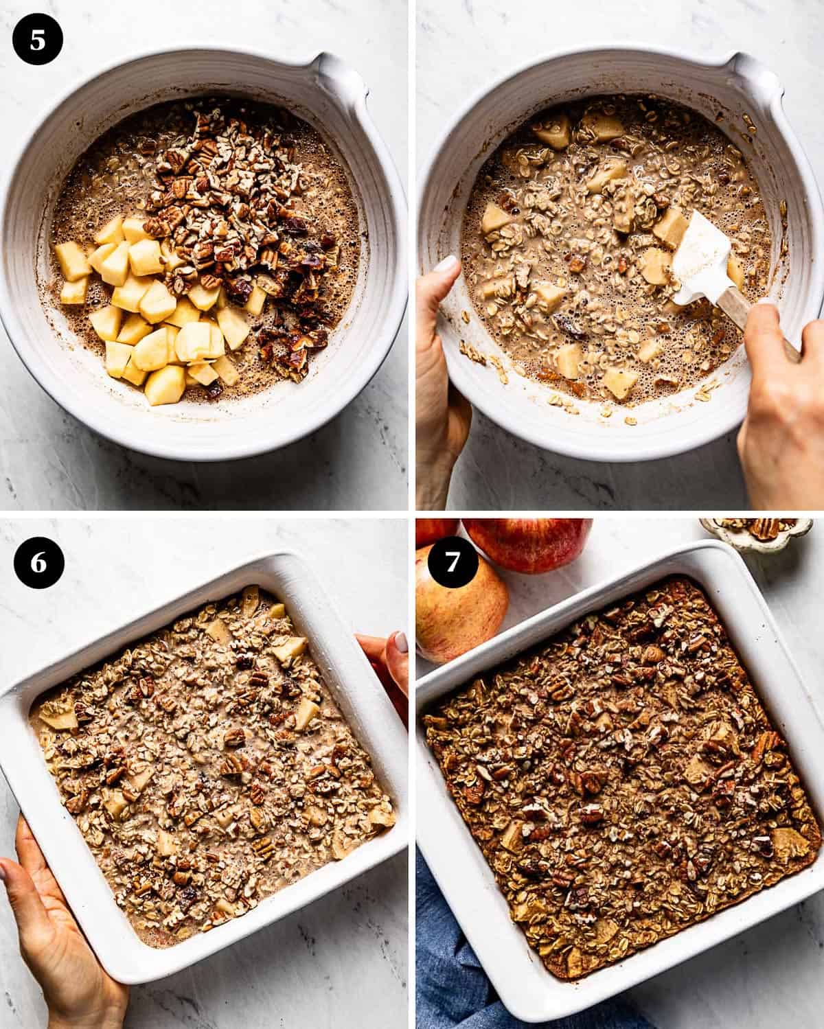 A collage of images showing how to make apple baked oatmeal.