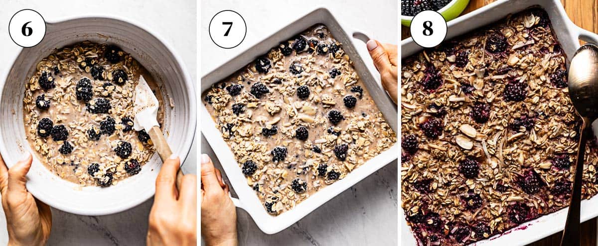 A couple of images showing the process of mixing and baking oatmeal with blackberries.