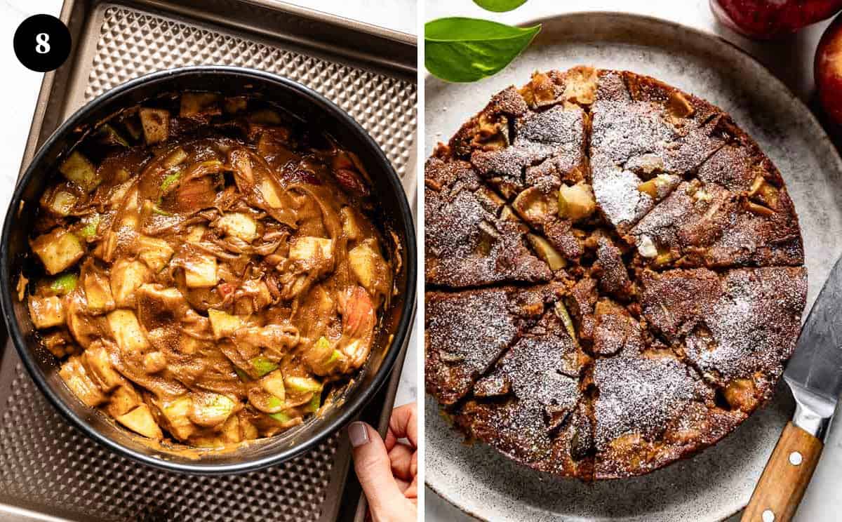 Fresh apple cake in a spring form cake pan before baked and after baked.
