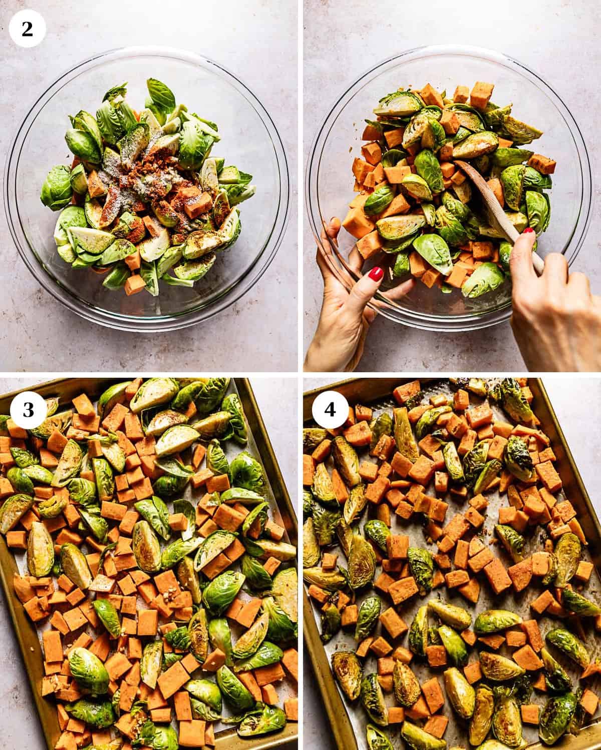 A collage of images showing how to roast brussel sprouts and sweet potatoes.