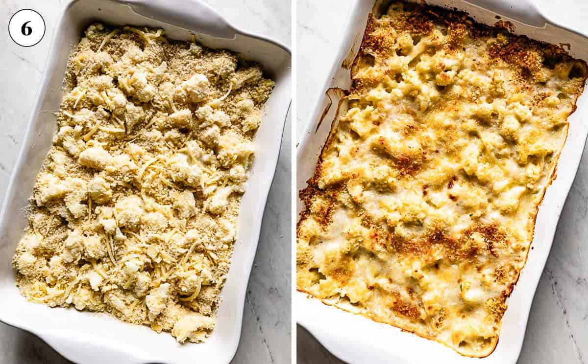 Ina Garten's cheesy cauliflower gratin before and after it is baked.