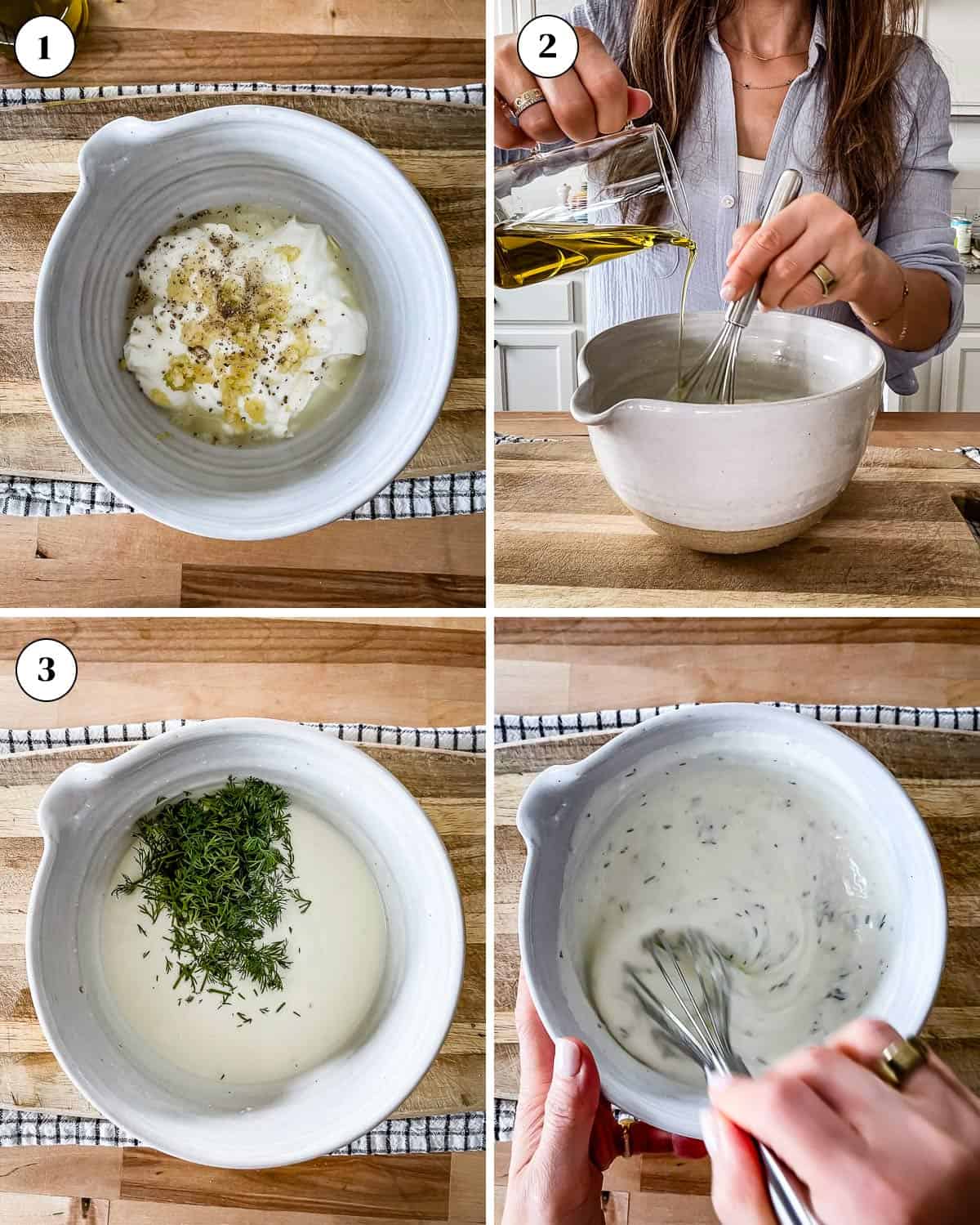 Person showing how to make creamy Greek dressing in a collage of images.