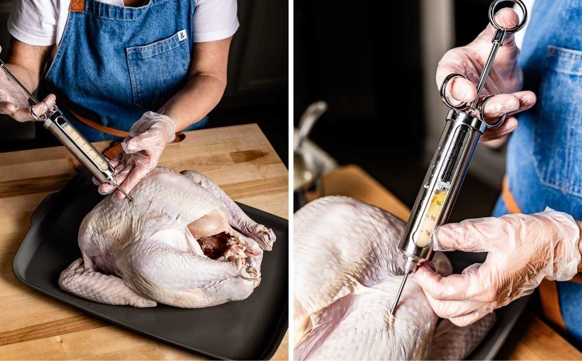 Person injecting a turkey with this turkey injection seasoning.