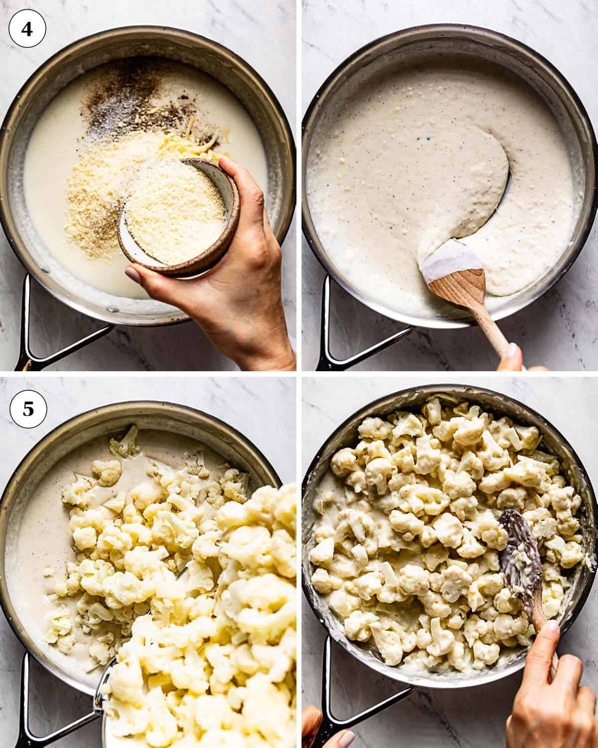 A collage of images showing how to prepare gratin of cauliflower.