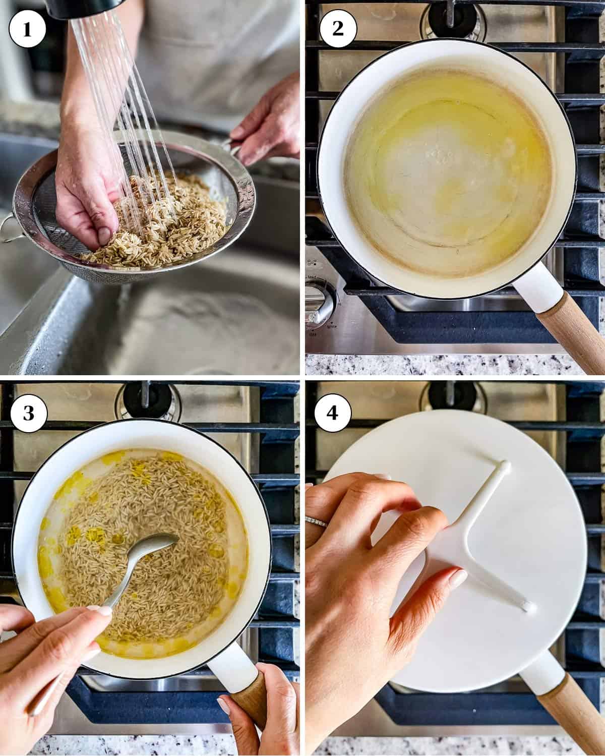 A collage of images showing how to cook brown jasmine rice on the stove top.