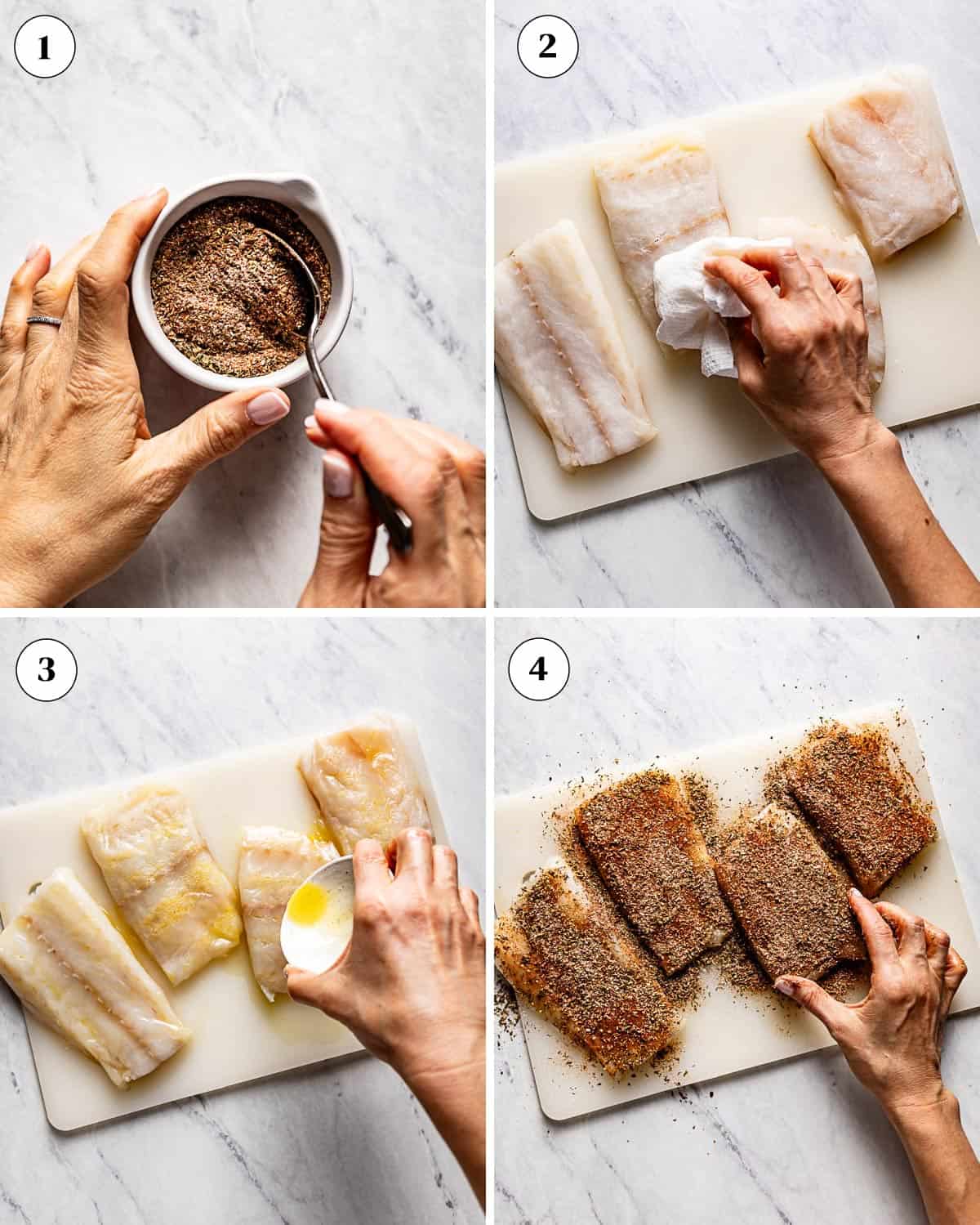 A collage of images showing how to prepare blackened cod for cooking.