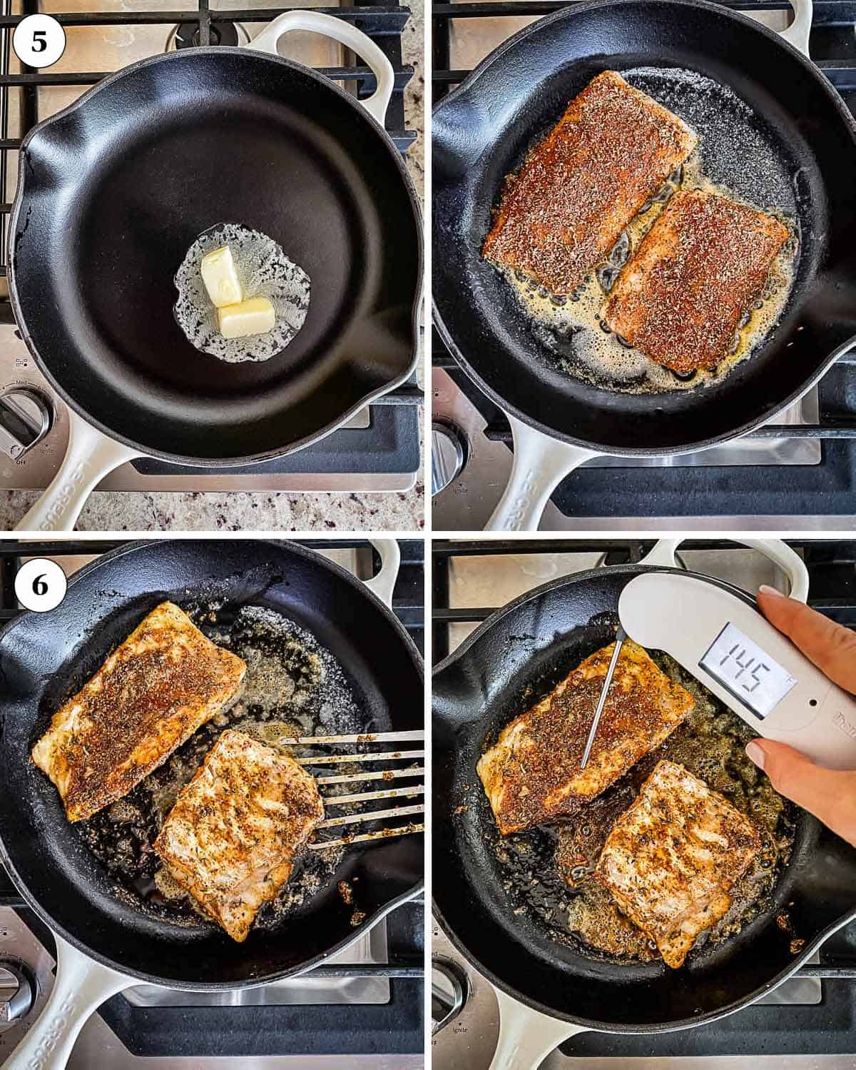 Seasoned cod being cooked in a cast iron skillet.