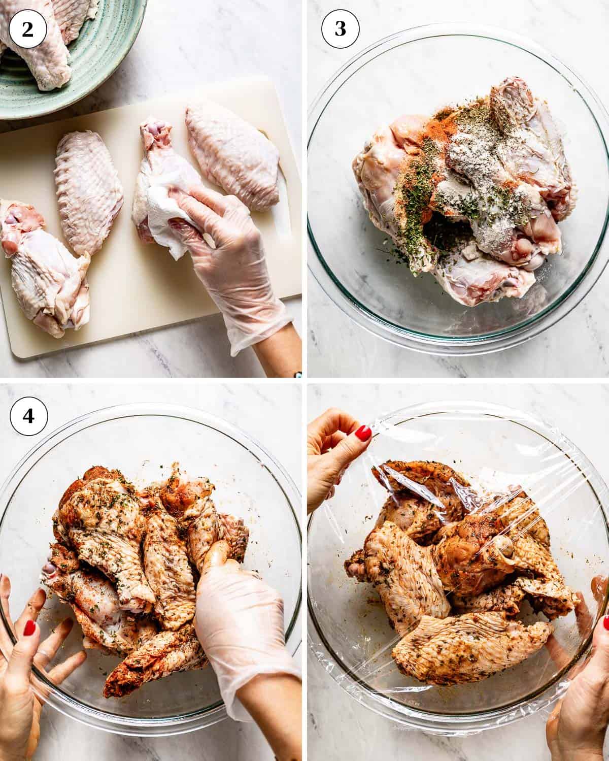 A collage of images where a person is showing what to season turkey wings with.