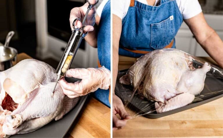 Person injecting a turkey and covering it before storing it in the fridge.