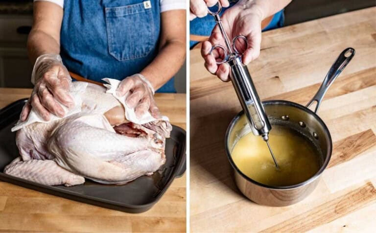 Person drying the turkey and filling the syringe with the injection mixture.