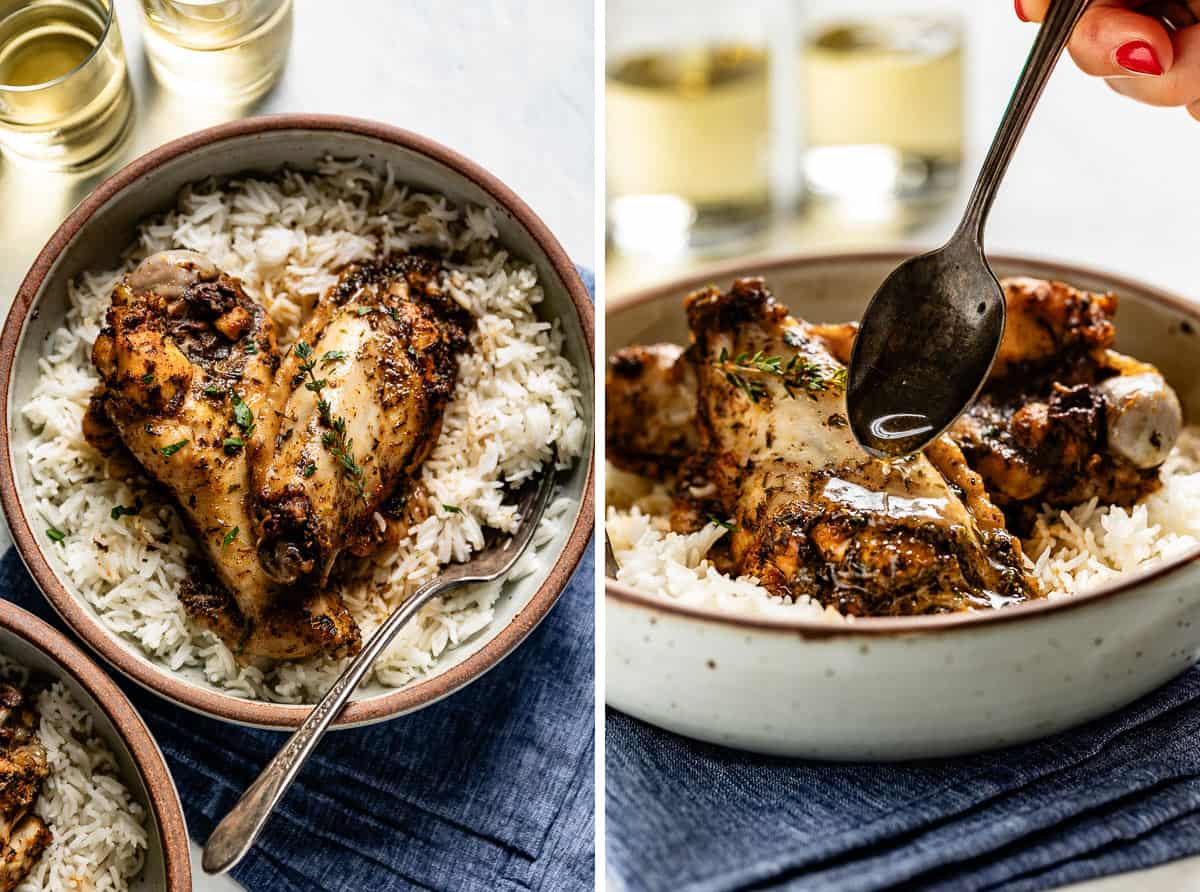 Turkey wings and rice in a bowl with a person drizzling rice over the meat.