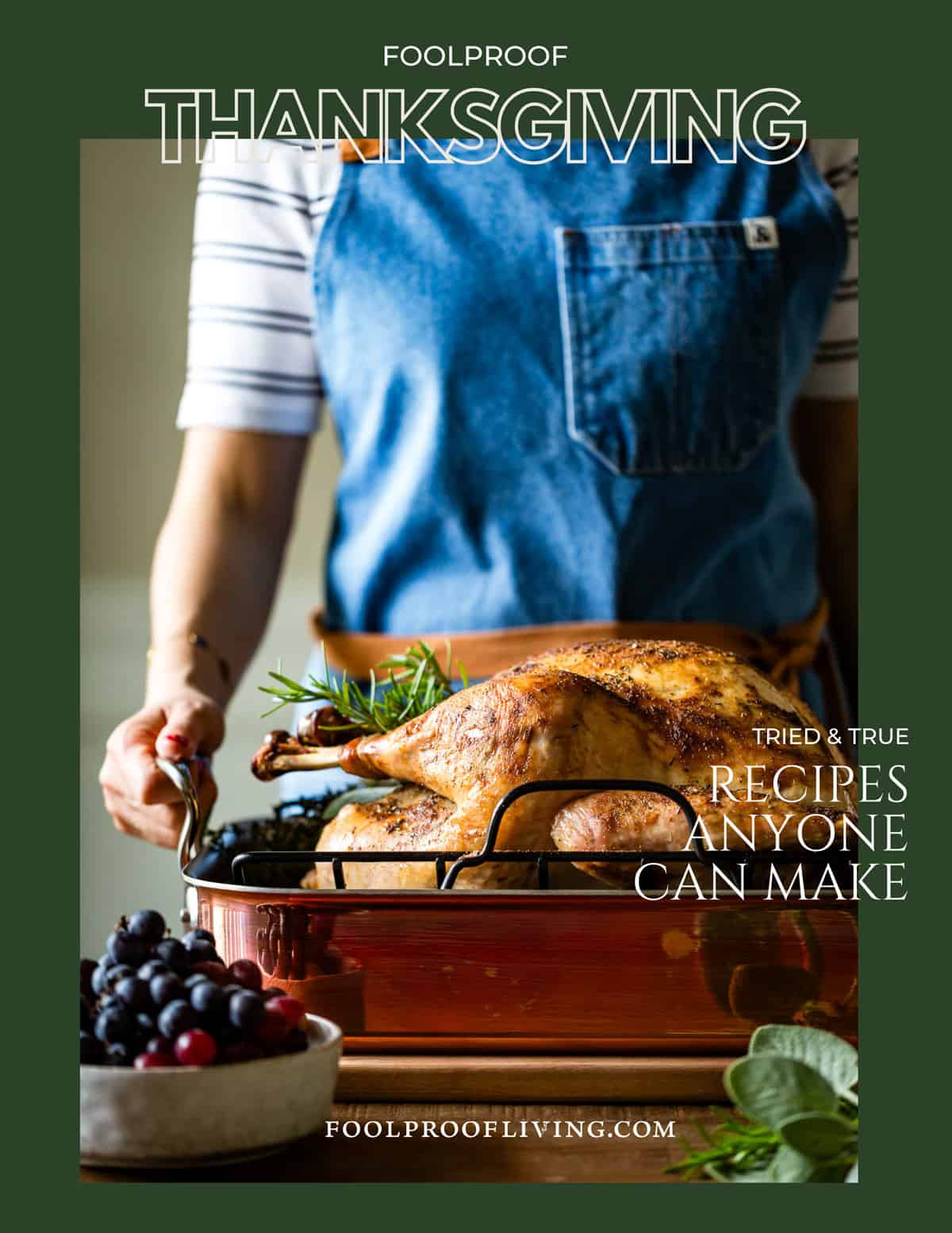 A woman serving a turkey from the front view.