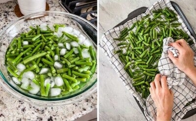 A collage of images showing the green beans cooling and drying.