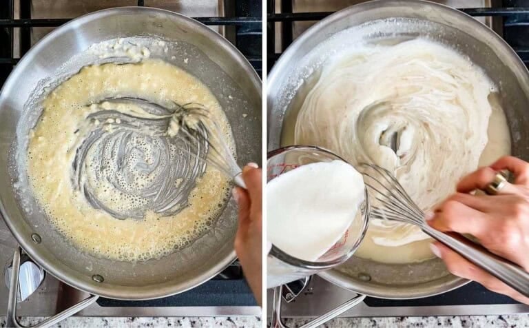 Photos showing the making of the roux for the green bean casserole.