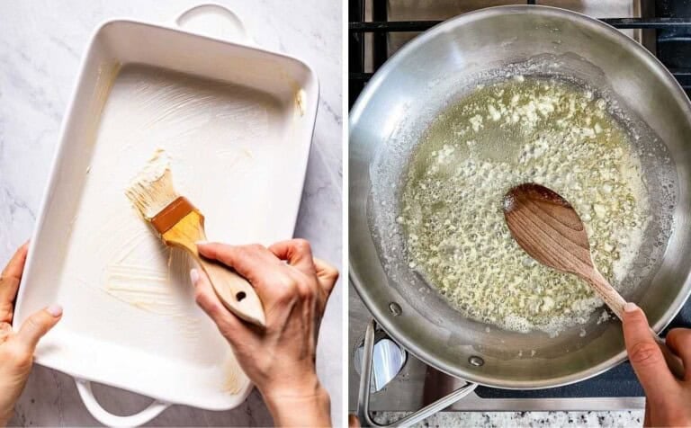 Images showing the buttering of the casserole dish and cooking butter.